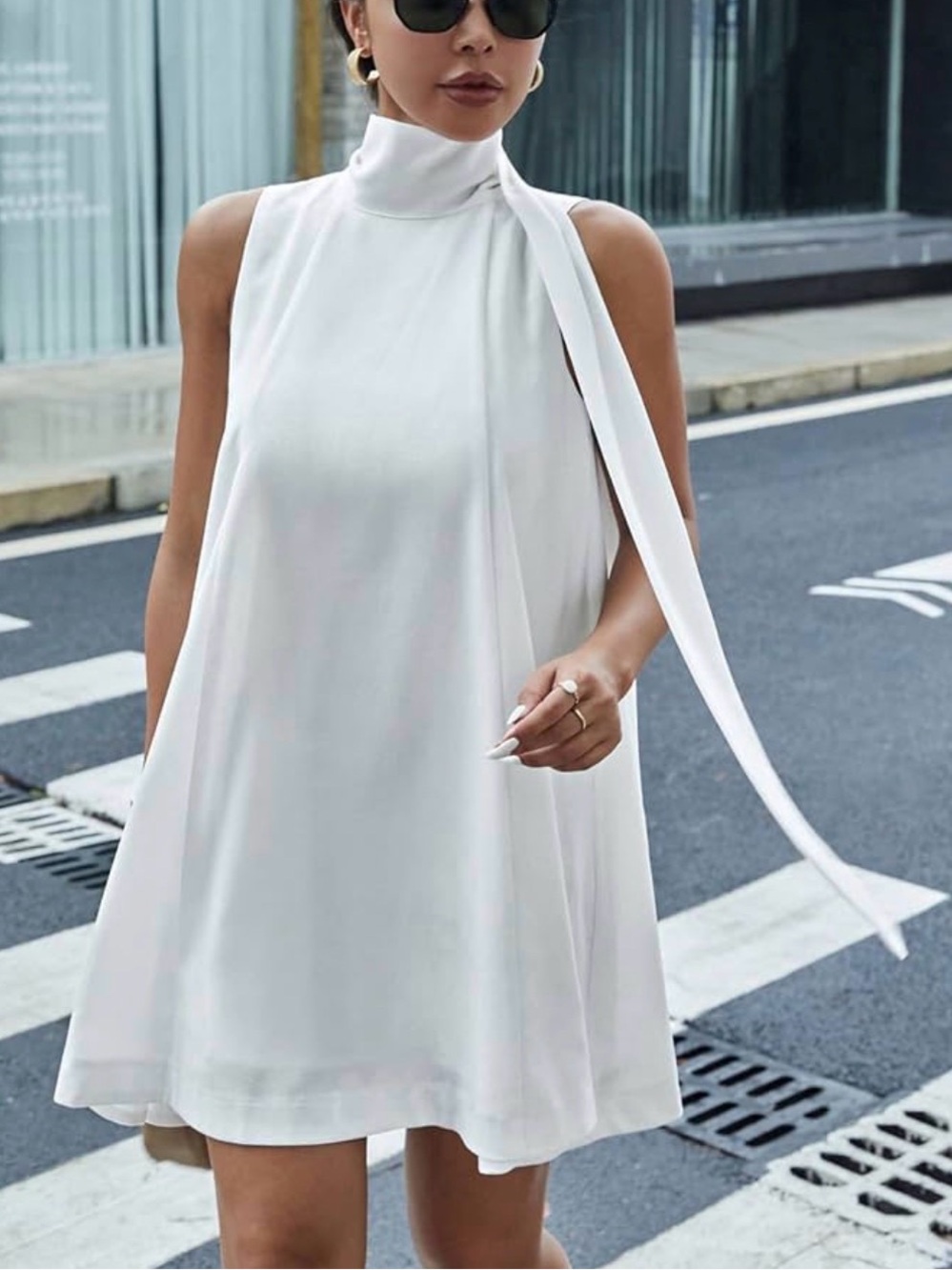 Amazon White Sleeveless High-Neck Mini Dress with Neck Tie